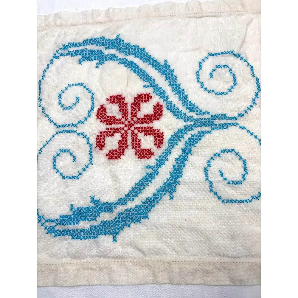 Vintage Off White Linen Cross Stitched Table Runner Blue Red Flowers